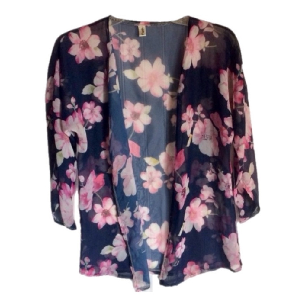 🪅 EALEY FUSHI Navy Blue Sheer Pink Floral Kimono Cover-Up